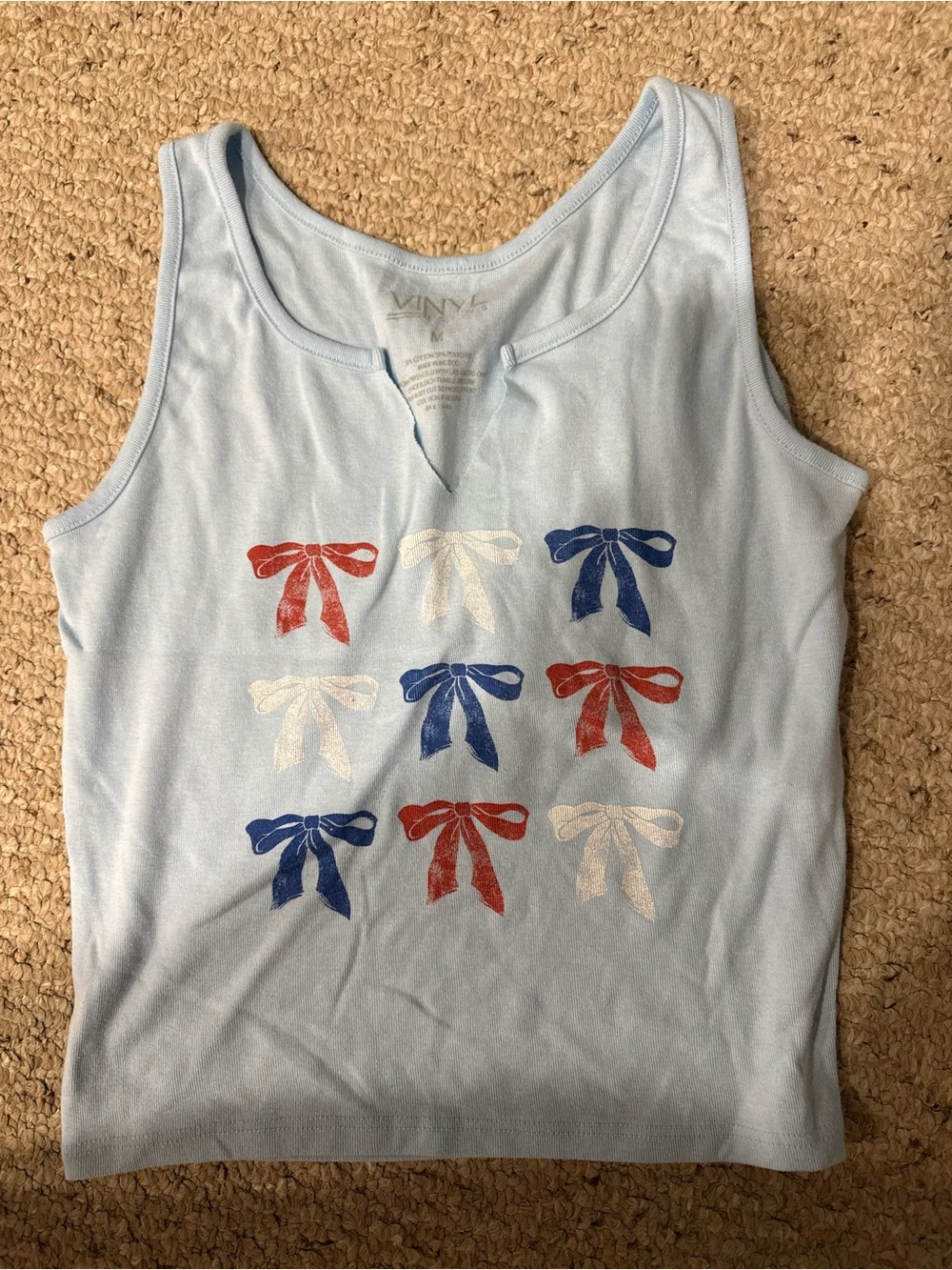 Light Blue Girls' Tank Top with Red, White & Blue Bow Print